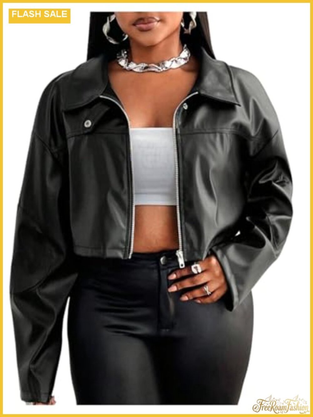 Plus Size Cropped Faux Leather Jacket Zip Up Vintage Motorcycle Coat